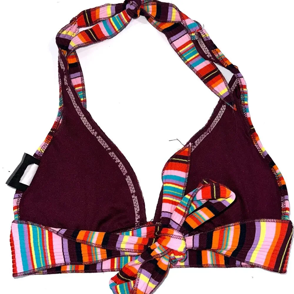 Becca Retro Colorful Striped Triangle Halter Buckle Bikini Swim Set Size Large - Picture 8 of 15